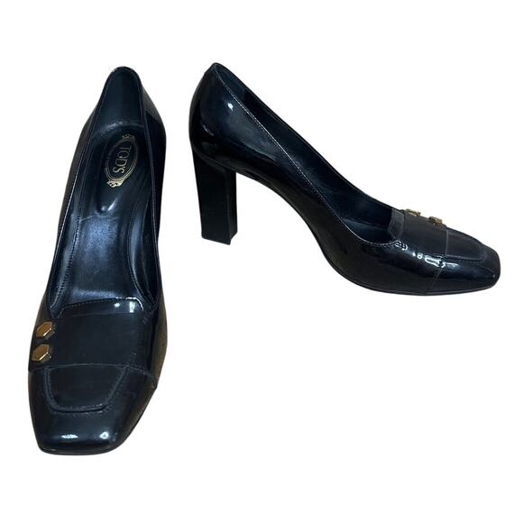 Tod's Black Patent Leather Square Toe Block Heels Size 41 10.5 11 - Picture 1 of 11